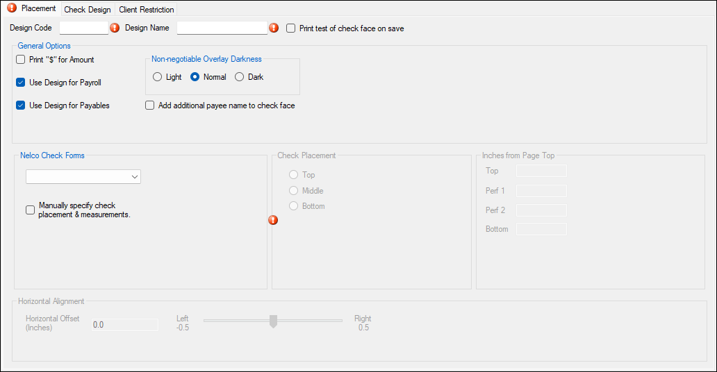 Check Designer Placement tab screen